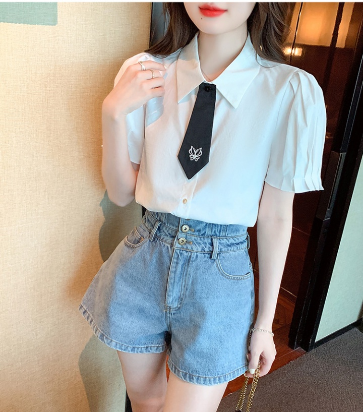 White embroidery summer puff sleeve slim shirt for women