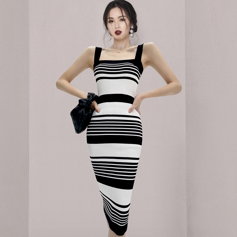 Stripe hip Korean style slim dress sexy summer knitted vest