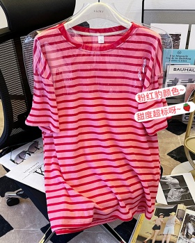 Stripe long summer short sleeve loose T-shirt for women