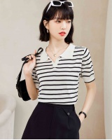 Loose stripe tops short sleeve sweater for women