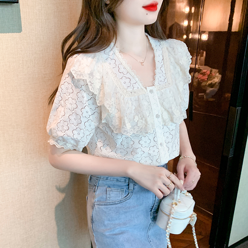 Korean style all-match summer shirt splice lace tops for women