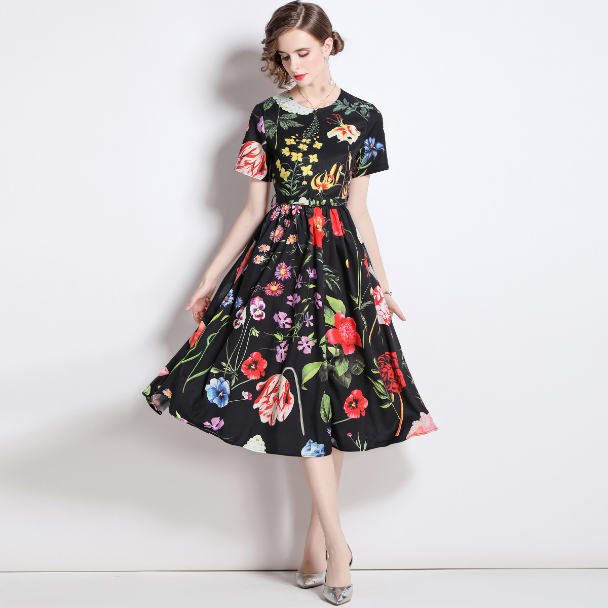Long printing pinched waist slim retro with belt dress