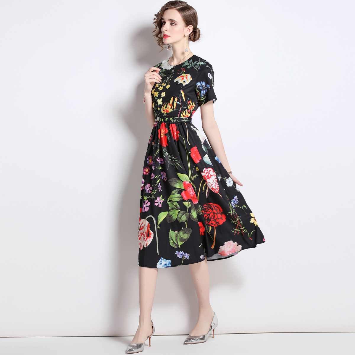Long printing pinched waist slim retro with belt dress