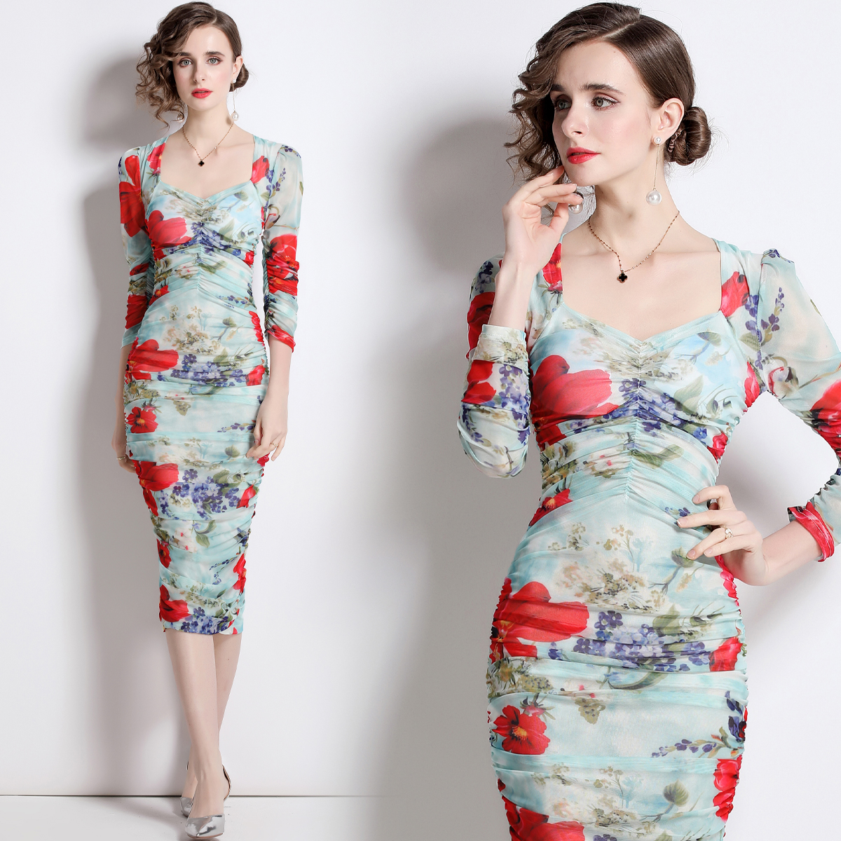 Gauze catwalk printing puff sleeve long package hip dress