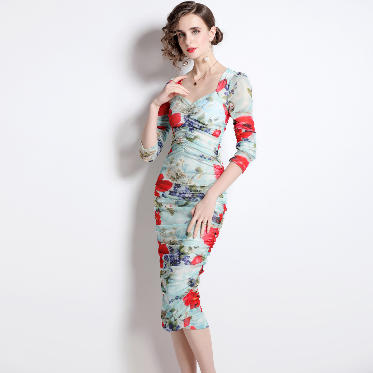 Gauze catwalk printing puff sleeve long package hip dress