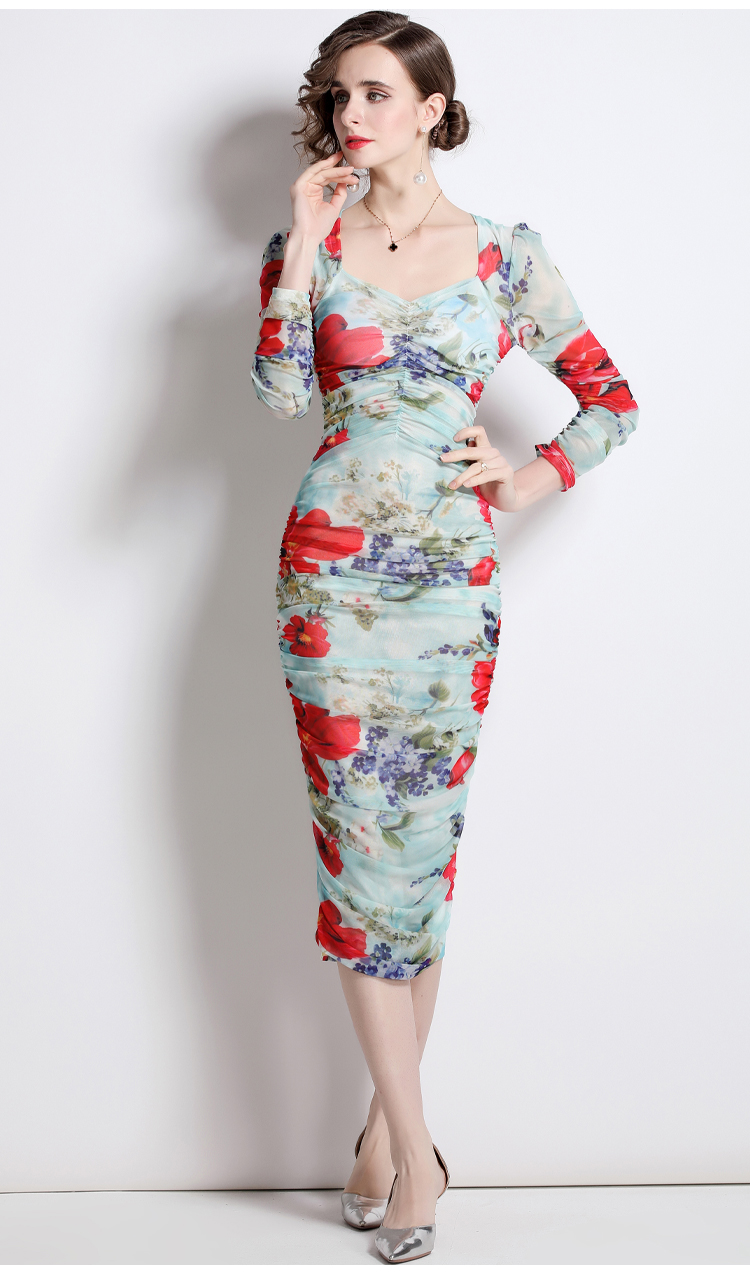 Gauze catwalk printing puff sleeve long package hip dress