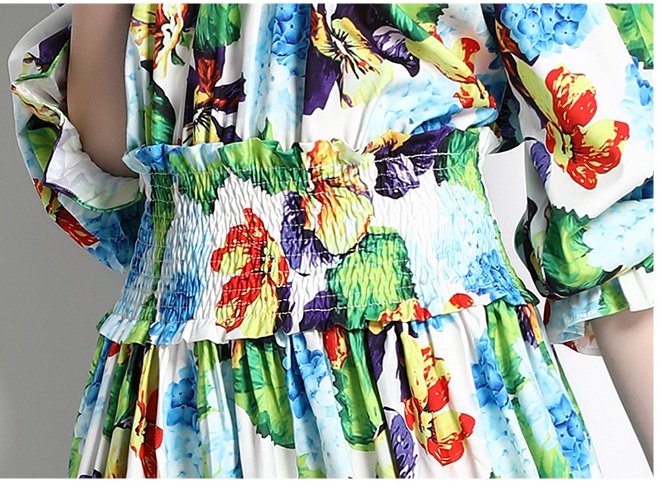 Lantern sleeve printing retro summer big skirt dress