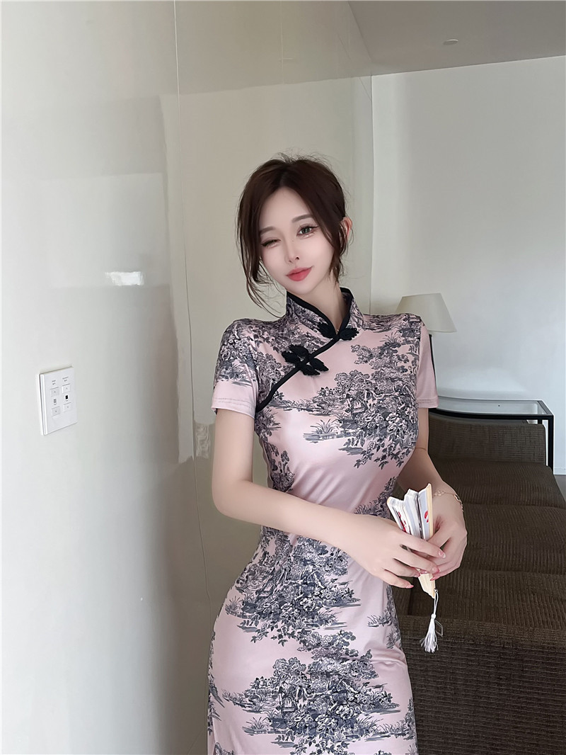 Slim split dress retro printing cheongsam