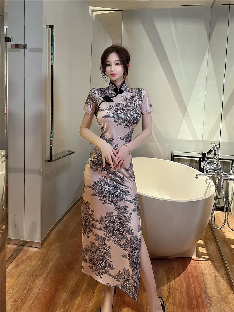 Slim split dress retro printing cheongsam