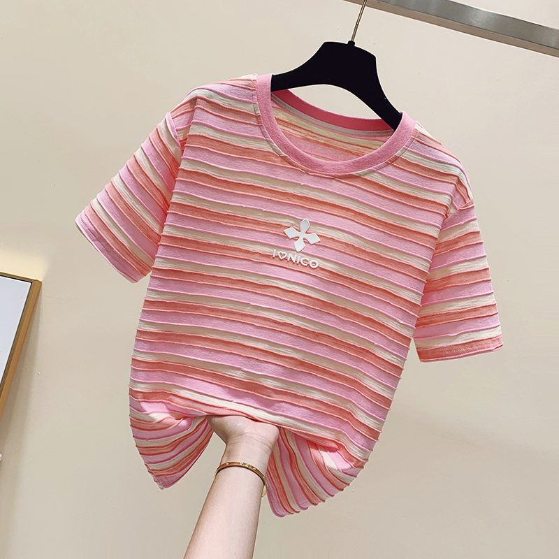 Spring and summer stripe tops loose pink T-shirt