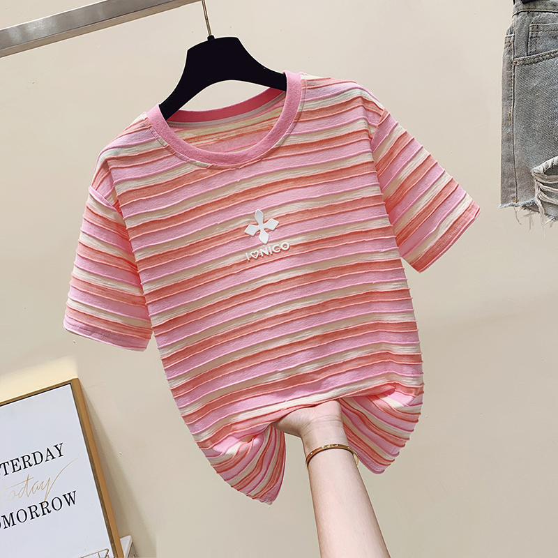 Spring and summer stripe tops loose pink T-shirt