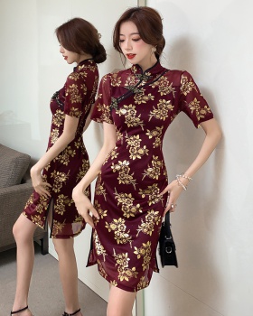 Gauze long summer cheongsam split printing retro dress