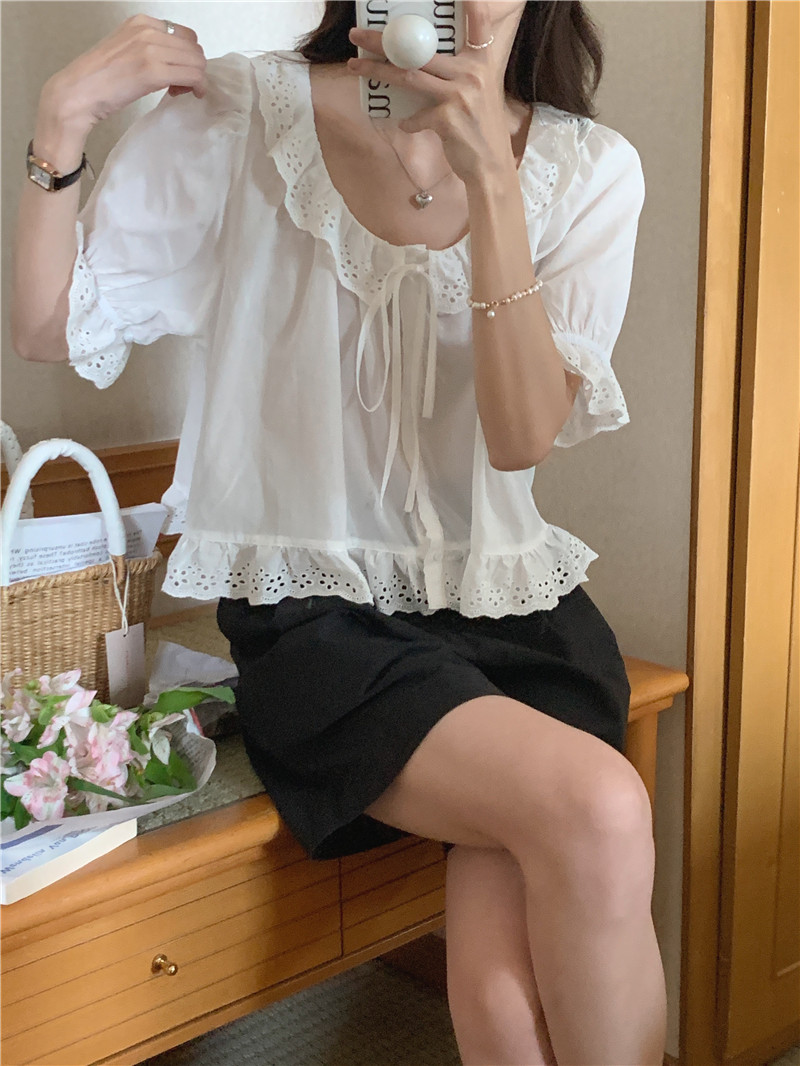 Short sleeve Korean style France style lace splice shirt