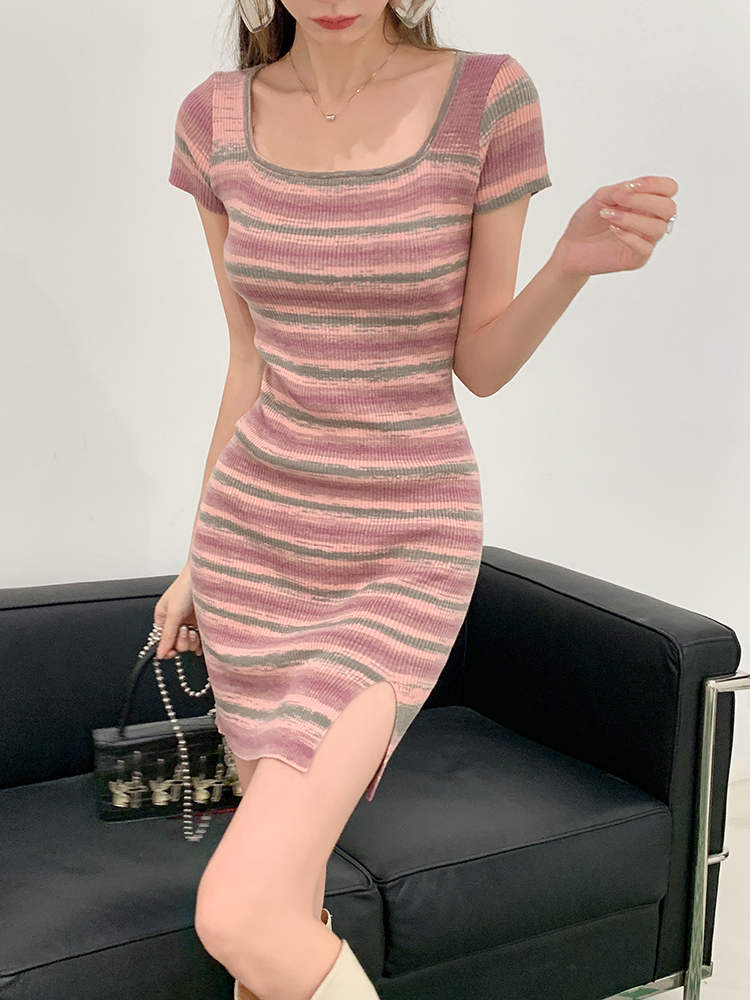 Short sleeve knitted mixed colors stripe dress for women