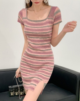 Short sleeve knitted mixed colors stripe dress for women