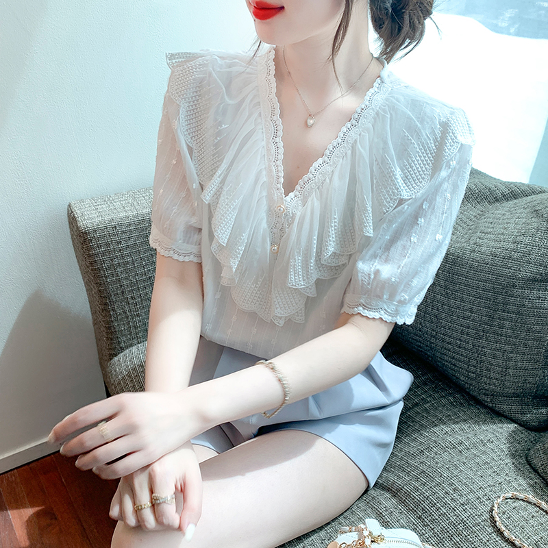 Splice all-match summer shirt V-neck short sleeve Korean style tops