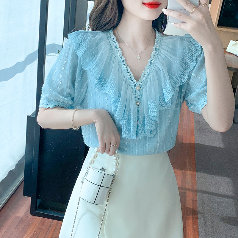 Splice all-match summer shirt V-neck short sleeve Korean style tops