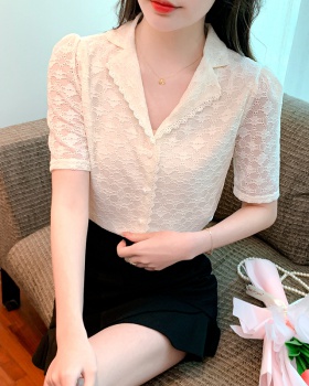 Short sleeve clavicle lace shirt for women
