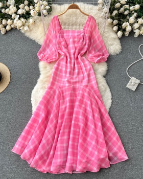 Plaid slim pink dress temperament package hip long dress