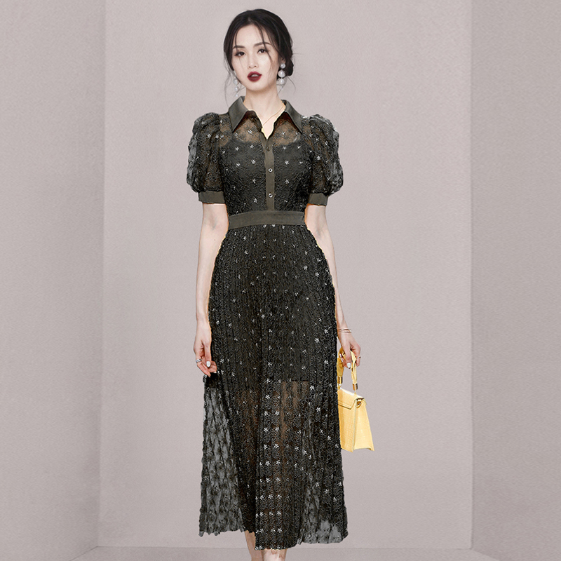 Long elegant summer shirt lace embroidered pleated dress