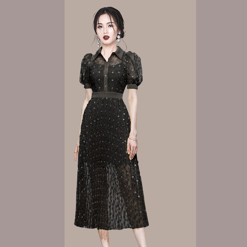 Long elegant summer shirt lace embroidered pleated dress