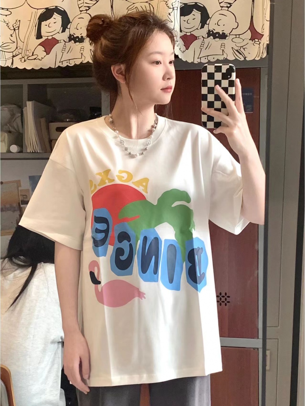 Casual couples short sleeve swan printing T-shirt for women