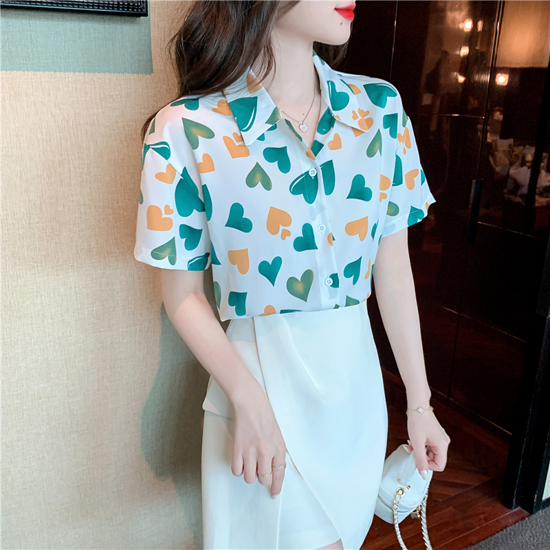 Chiffon summer retro tops loose printing shirt for women