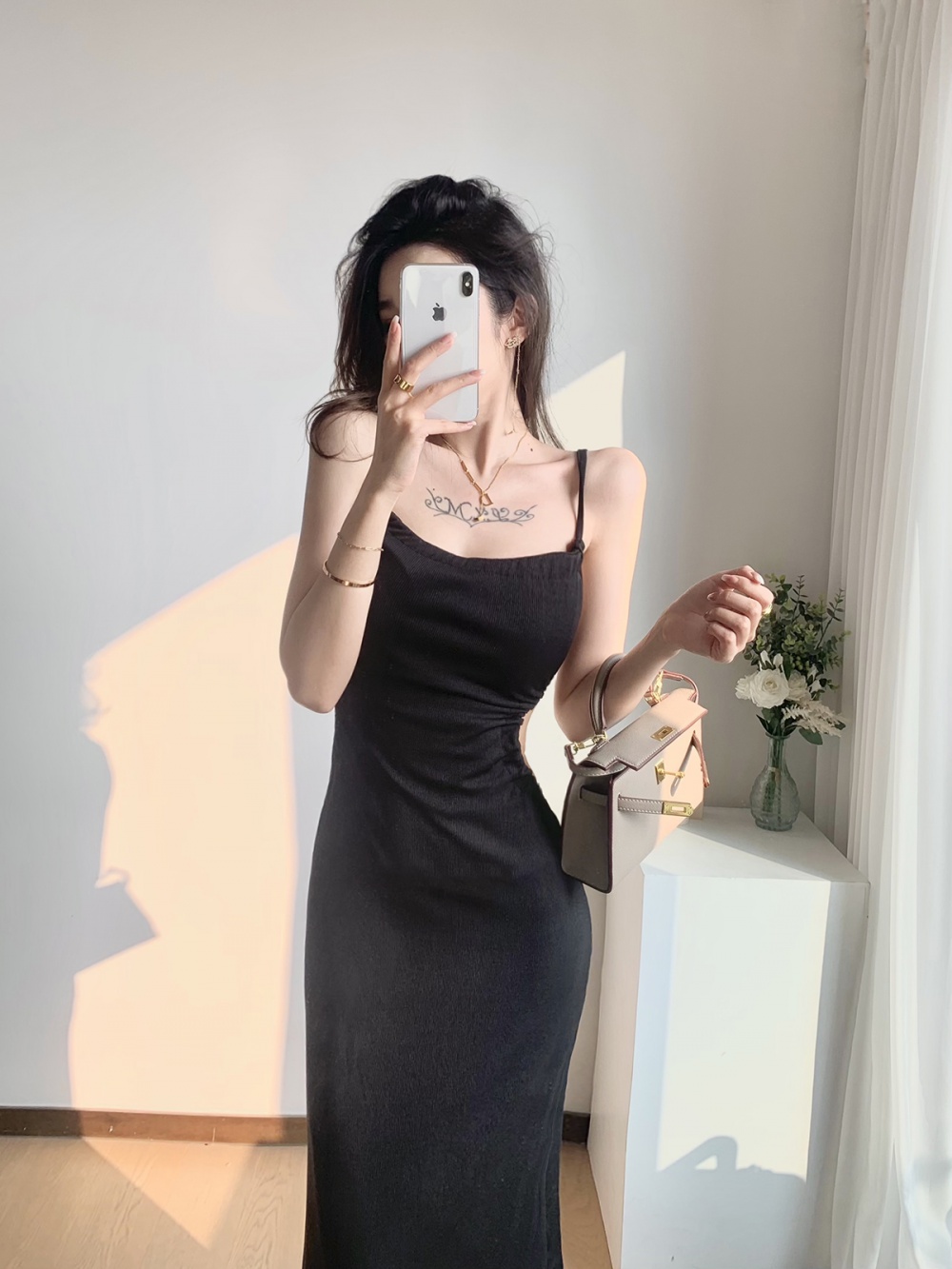 Long vacation slim halter black hollow sexy dress