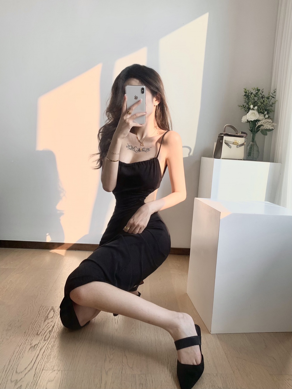 Long vacation slim halter black hollow sexy dress