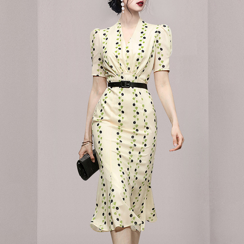 Slim puff sleeve printing France style retro dress