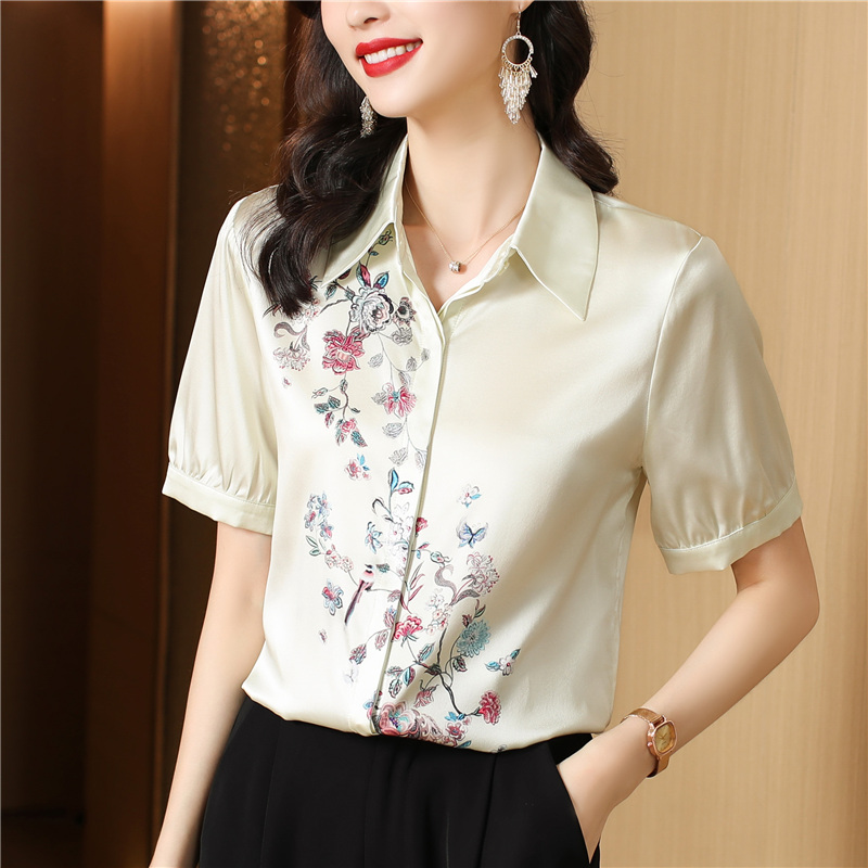 Short sleeve silk shirt summer slim tops for women