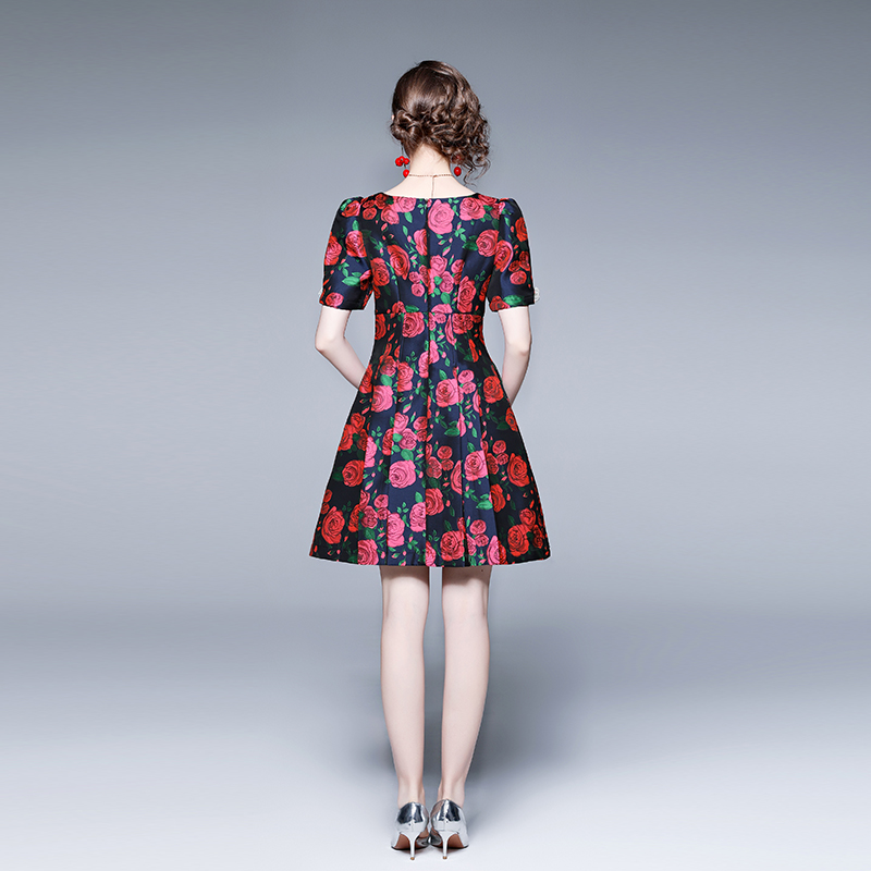 Retro red high waist summer jacquard France style dress for women