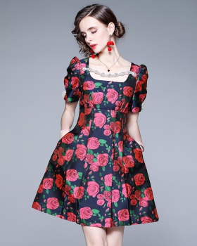 Retro red high waist summer jacquard France style dress for women