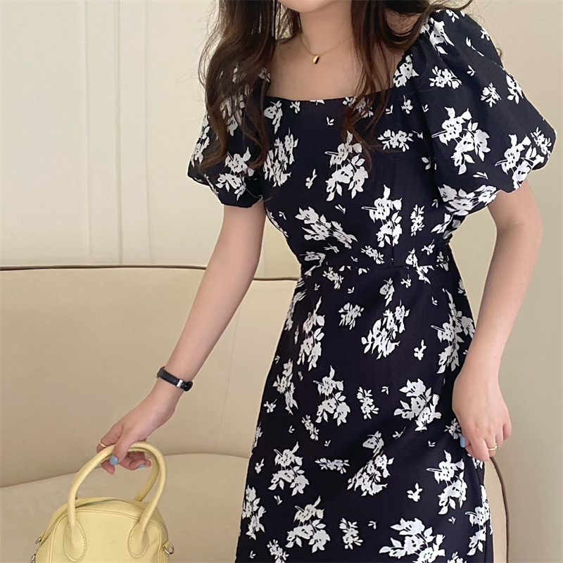 Slim puff sleeve square collar summer pinched waist floral dress