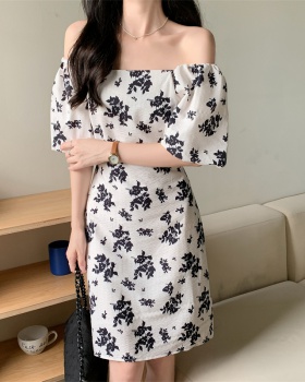 Slim puff sleeve square collar summer pinched waist floral dress