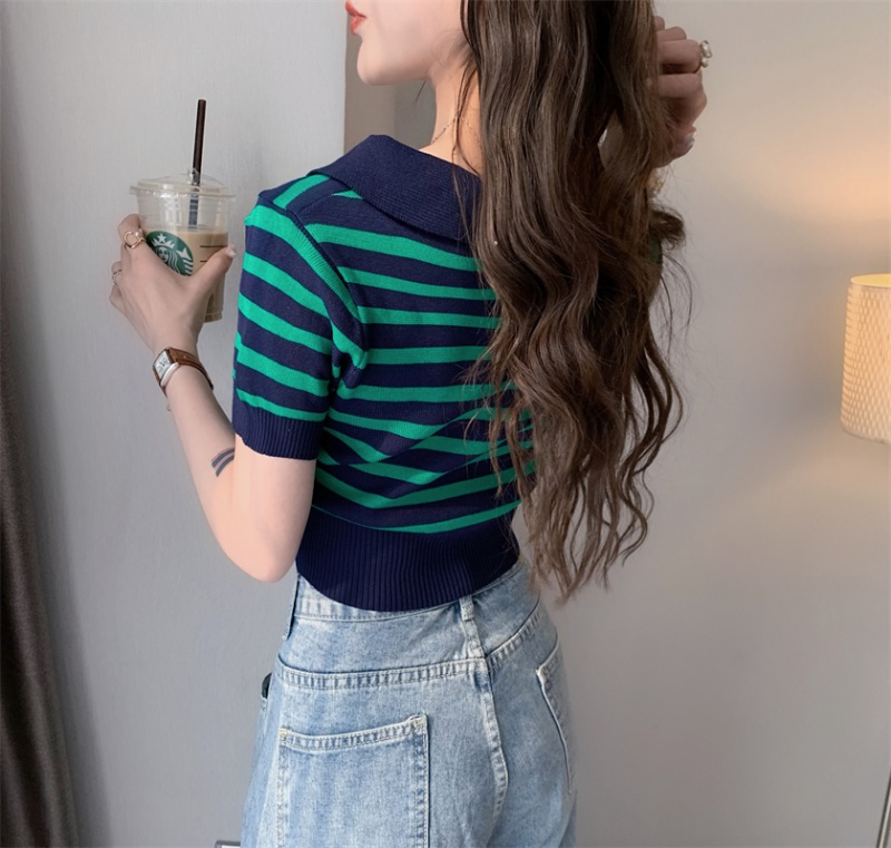 Lapel short sleeve tops knitted stripe T-shirt