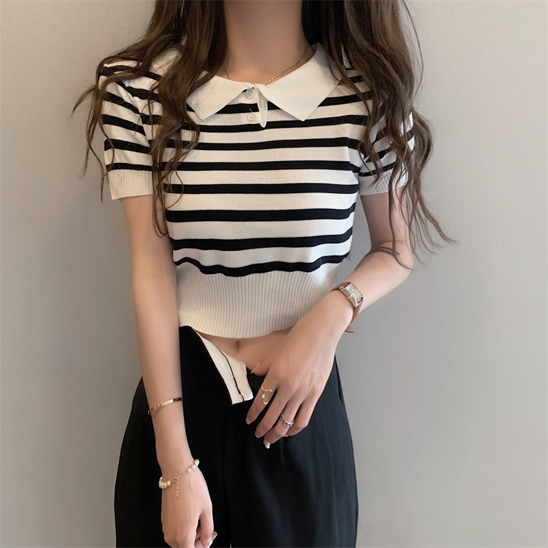 Lapel short sleeve tops knitted stripe T-shirt