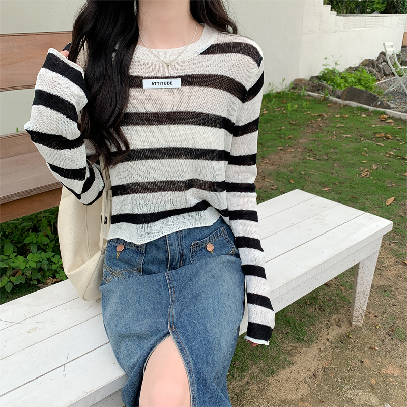 Low round neck stripe sunscreen pullover Korean style smock