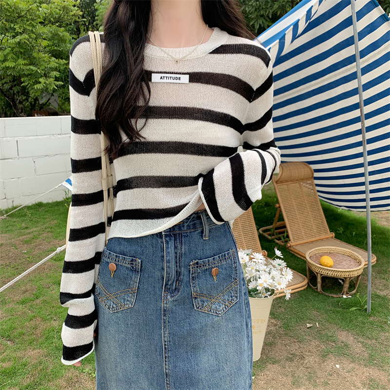 Low round neck stripe sunscreen pullover Korean style smock