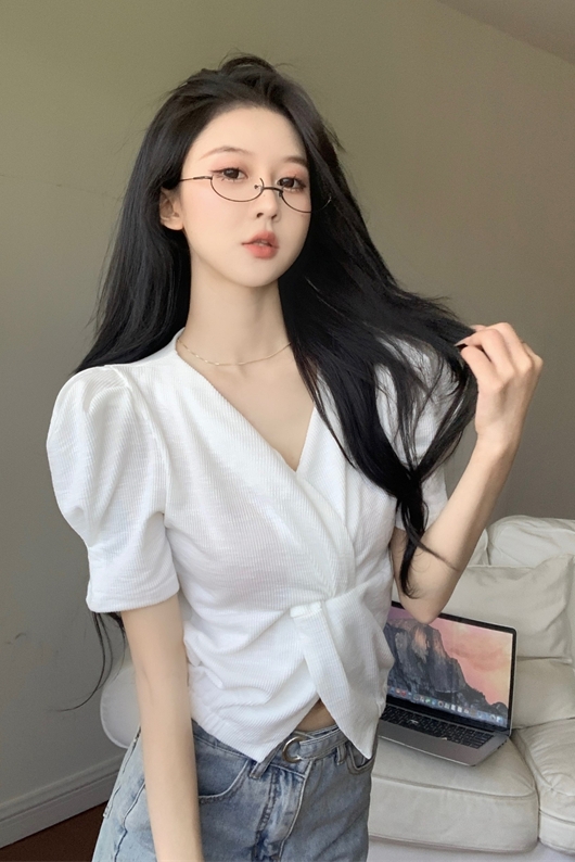 Puff sleeve V-neck tops Korean style T-shirt