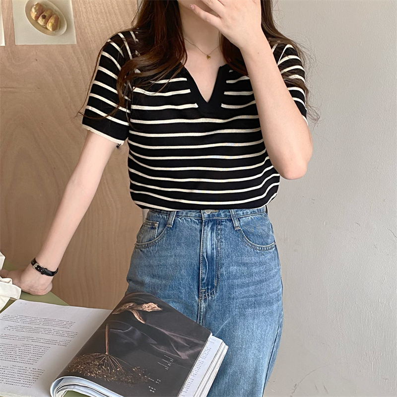 Knitted stripe T-shirt Korean style short sleeve tops