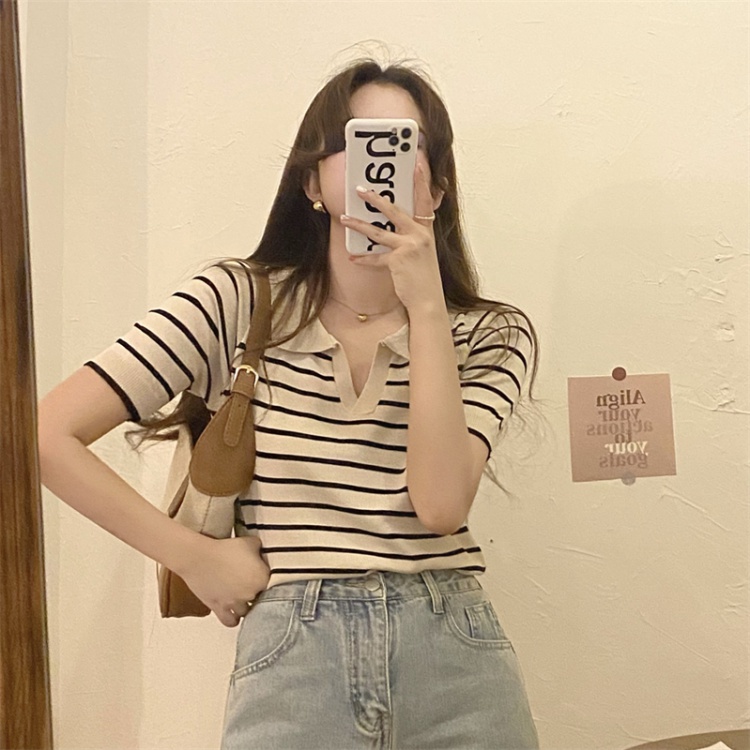 Knitted stripe T-shirt Korean style short sleeve tops