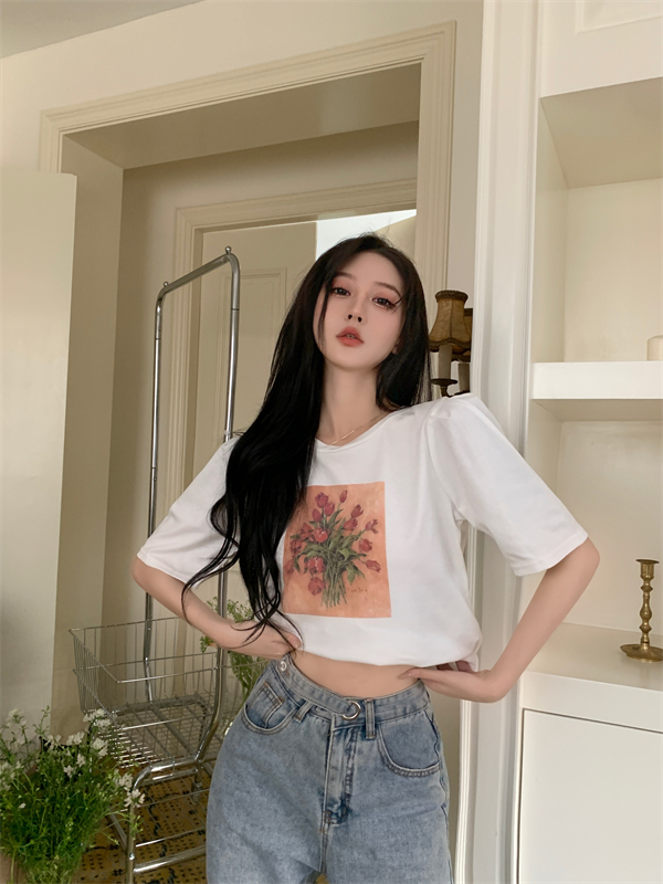 Puff sleeve bow T-shirt white tops