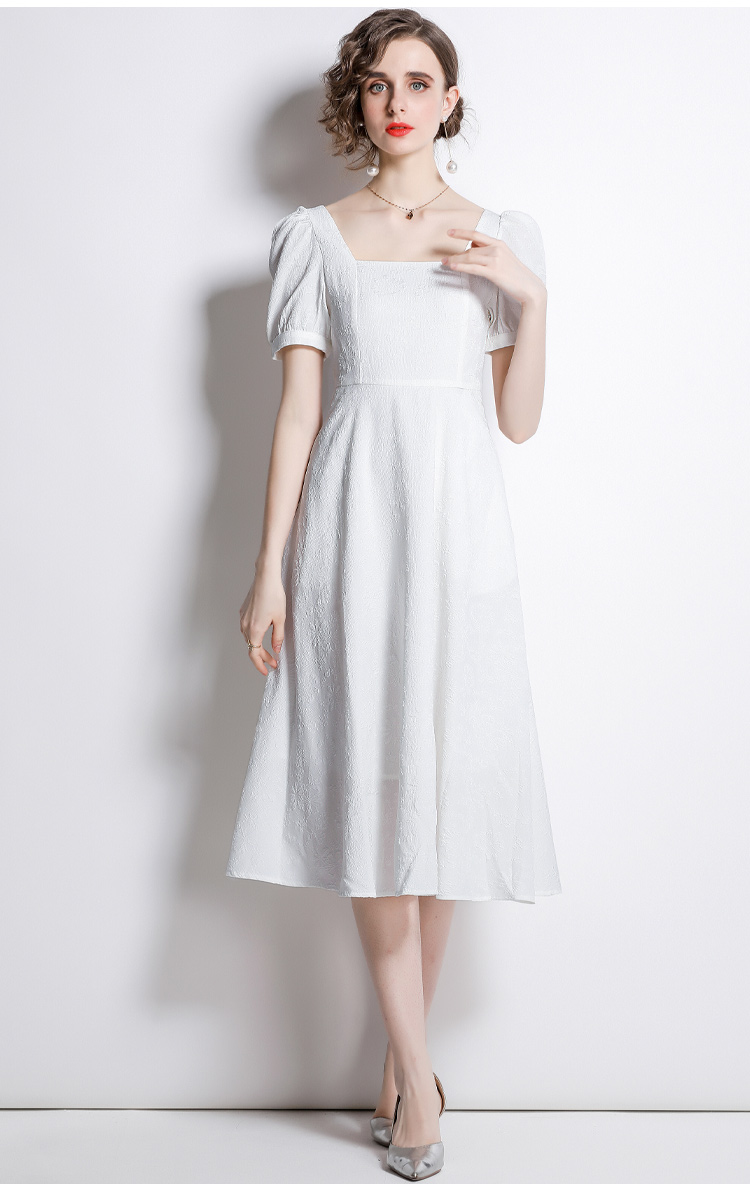 White France style long dress jacquard puff sleeve dress
