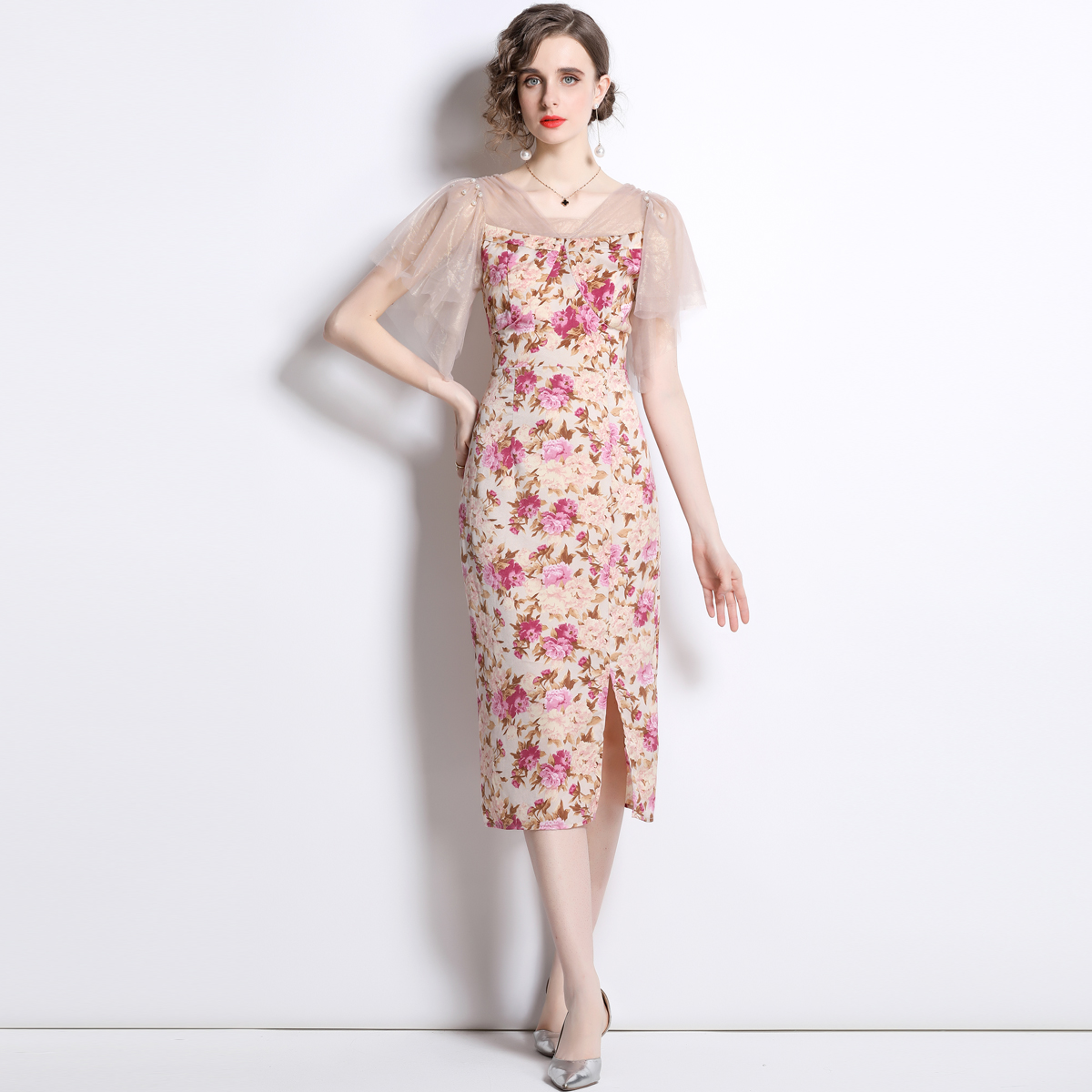 Slim flowers splice temperament gauze dress for women