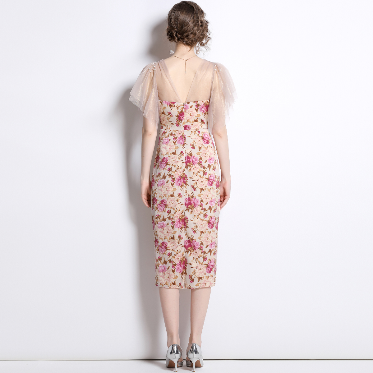Slim flowers splice temperament gauze dress for women