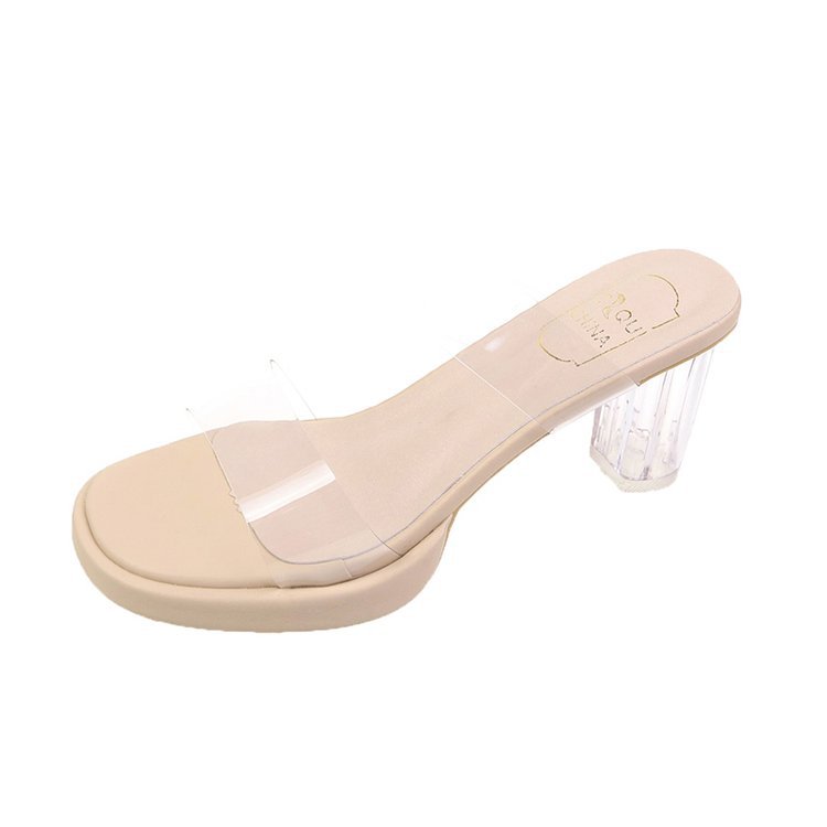 Square head summer high-heeled thick transparent slippers