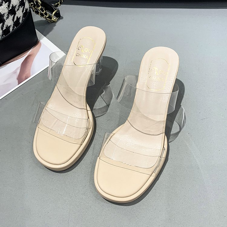Square head summer high-heeled thick transparent slippers