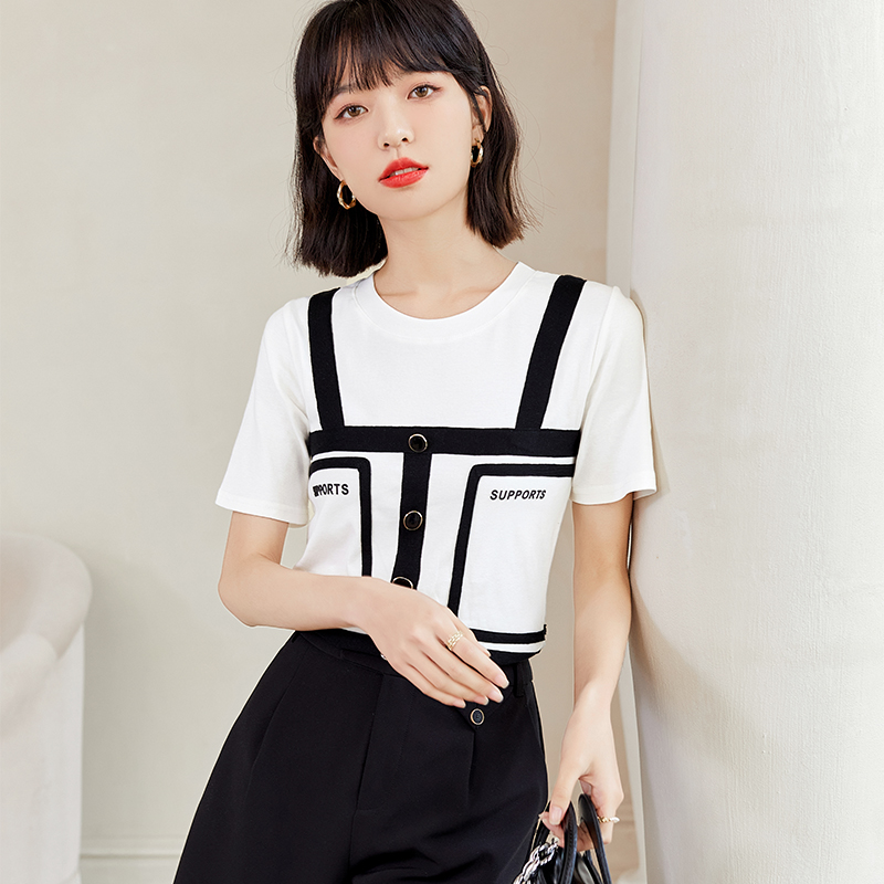 Pseudo-two slim T-shirt pure cotton summer tops for women