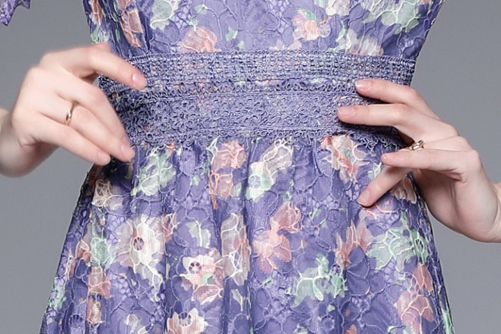 Temperament collar splice embroidered gauze printing dress